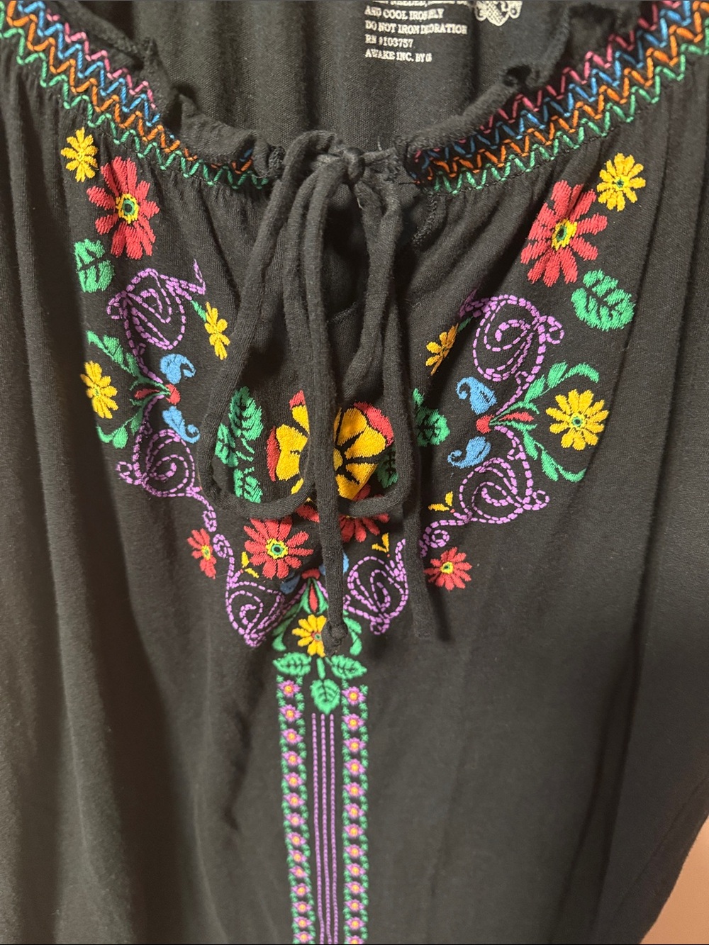 L.O.L. Vintage Black Embroidered Peasant Blouse with Multicolor Floral Trim - Picture 2 of 7